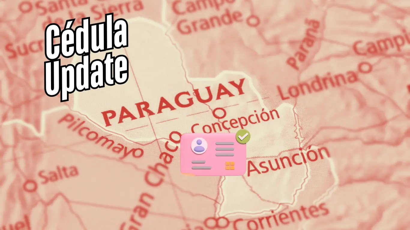 Stylized graphic of a cédula on a map of Paraguay, illustrating tracking and status updates for the application