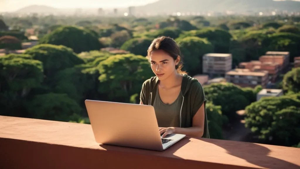 Digital nomad working on laptop overlooking the lush, flat, tropical cityscape of Asuncion, Paraguay, illustrating the Paraguay Digital Nomad Residency lifestyle.