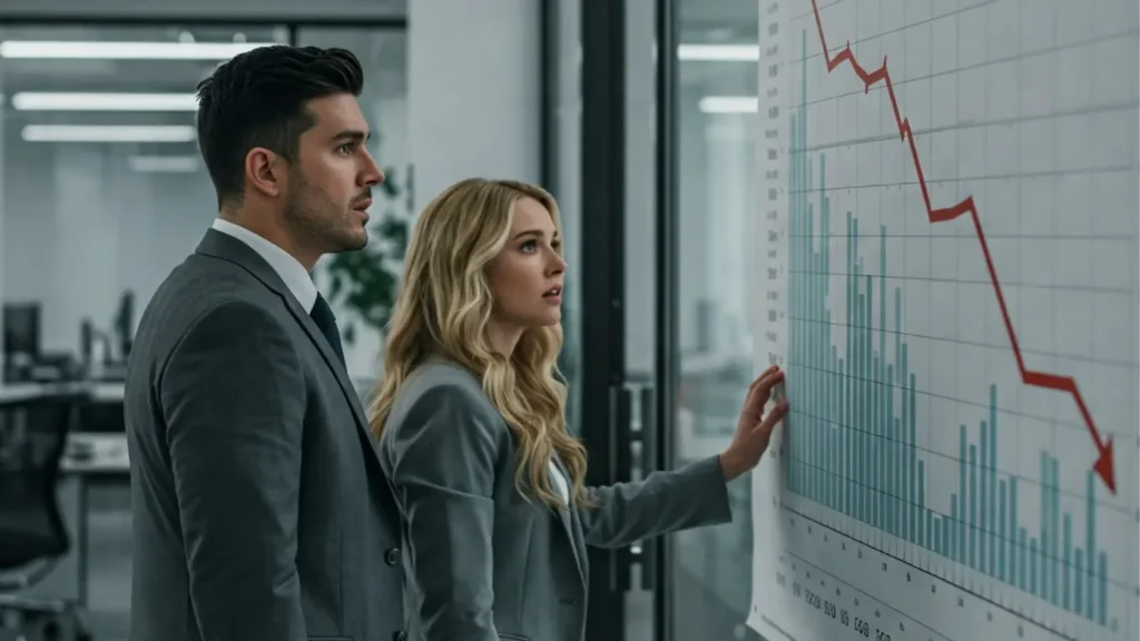 A man and woman look with concern at a financial chart showing a sharp decline after an initial rise.