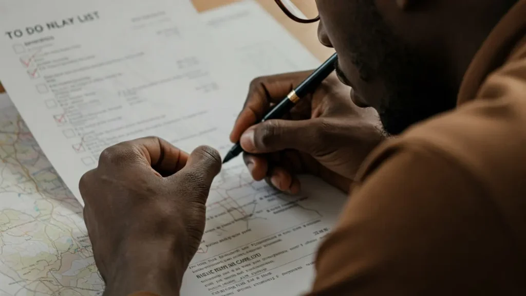 A Black man in glasses marking items on a paper checklist with a pen, symbolizing thorough due diligence and planning.