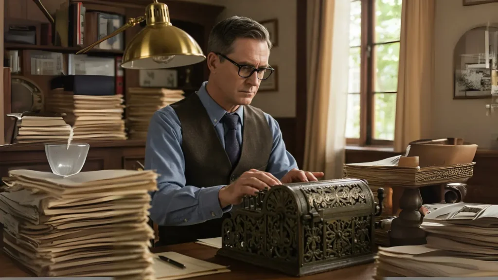 A male accountant with glasses typing entries into an old mechanical cash register.