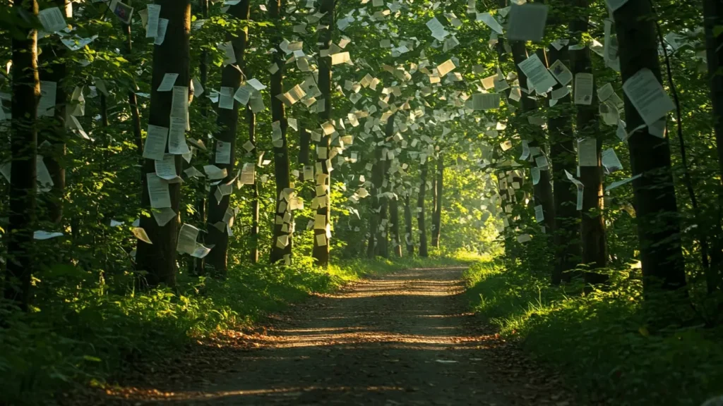 A road through a forest where paper documents replace leaves, representing the journey through legal paperwork.