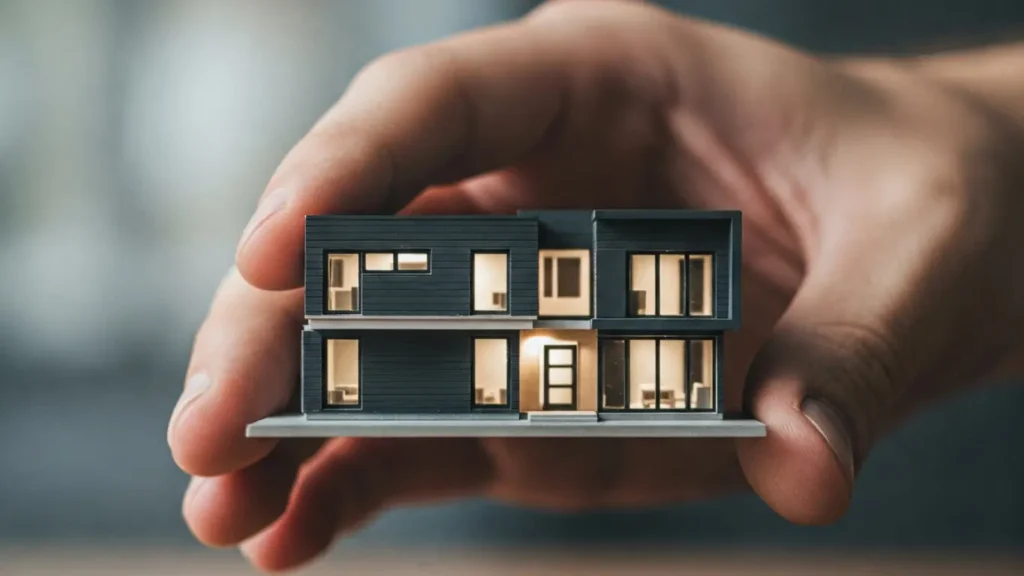 A hand gently holding a miniature house, symbolizing property ownership and investment.