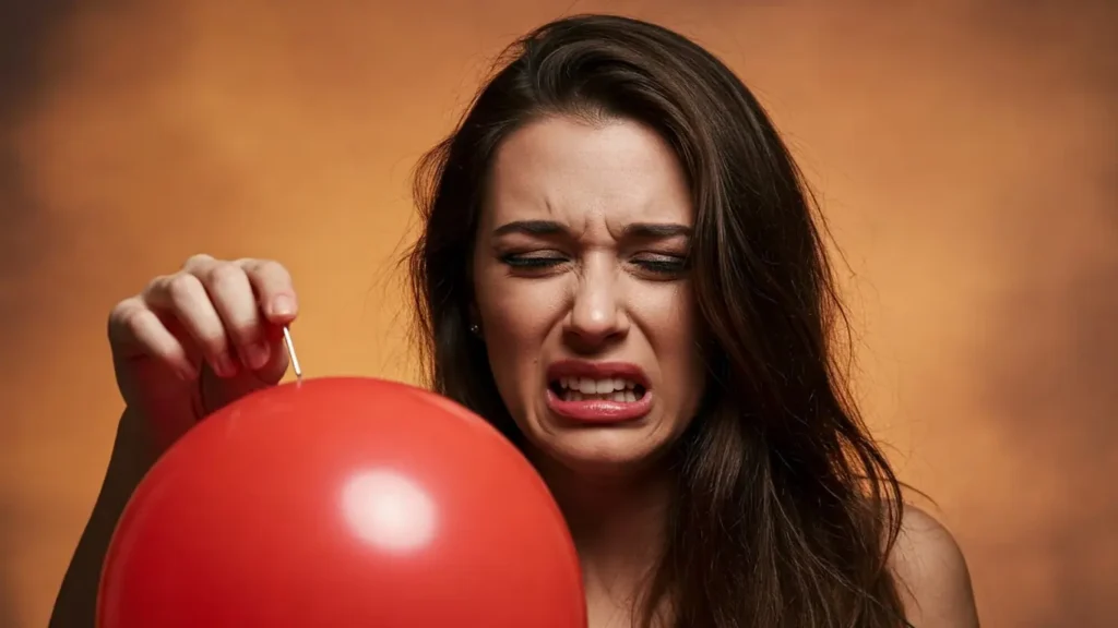 A pin approaches a red balloon with a fearful face, illustrating the tension of potential real estate market risks or a bubble.